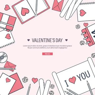 Vector illustration. Flat background with paper, envelope. Love and hearts Illustrazione stock