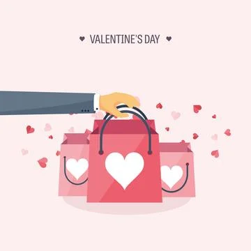 Vector illustration. Flat background with shopping bags. Love and hearts Illustration