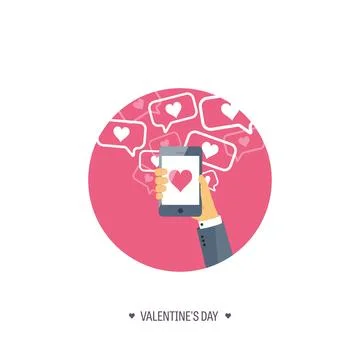 Vector illustration. Flat background with smartphone. Love and hearts Stock Illustration
