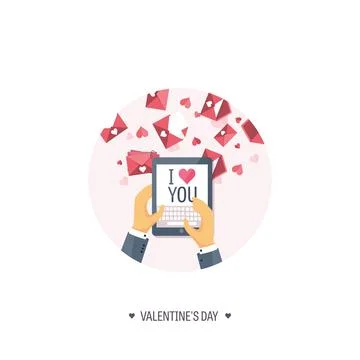 Vector illustration. Flat background with tablet. Love and hearts. Valentines Stock Illustration