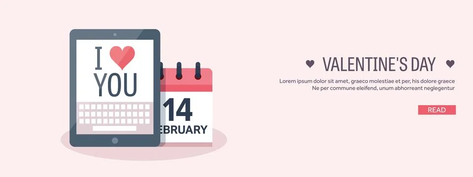 Vector illustration. Flat background with tablet. Love and hearts. Valentines Stock Illustration