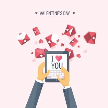 Vector illustration. Flat background with tablet. Love and hearts. Valentines Stock Illustration