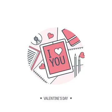Vector illustration. Flat background with tablet. Love and hearts. Valentines 스톡 일러스트