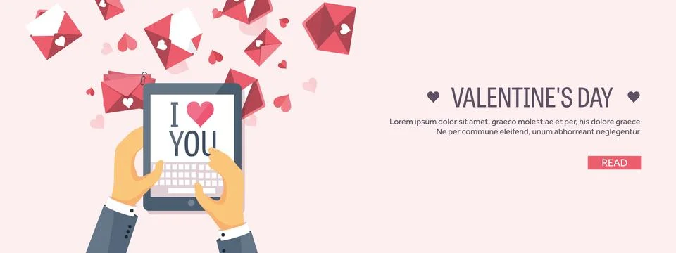 Vector illustration. Flat background with tablet. Love and hearts. Valentines Stock Illustration