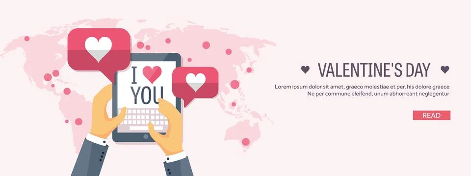 Vector illustration. Flat background with tablet. Love and hearts. Valentines Stock Illustration