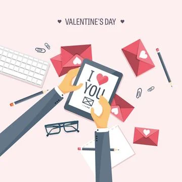 Vector illustration. Flat background with tablet. Love and hearts. Valentines Stock Illustration