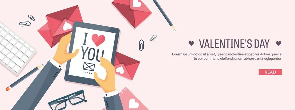 Vector illustration. Flat background with tablet. Love and hearts. Valentines Stock Illustration
