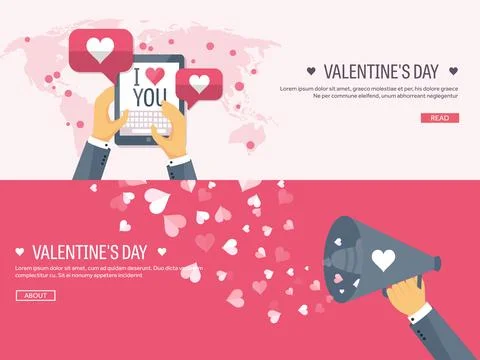 Vector illustration. Flat background with tablet and loudspeaker. Love and Stock Illustration