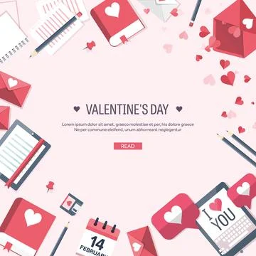 Vector illustration. Flat background with tablet. Love and hearts. Valentines Stock Illustration