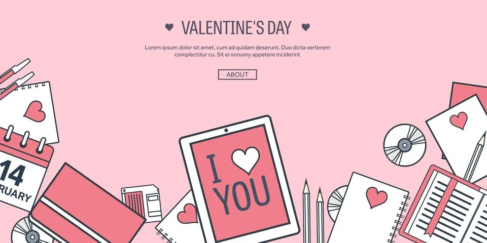 Vector illustration. Flat background with tablet. Love and hearts. Valentines Stock Illustration