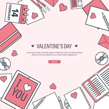 Vector illustration. Flat background with tablet. Love and hearts. Valentines Stock Illustration