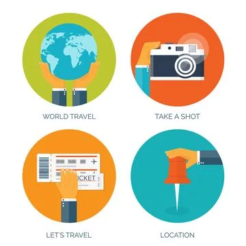 Vector illustration. Flat background with, tickets, earth globe. Travel by plane Stock Illustration