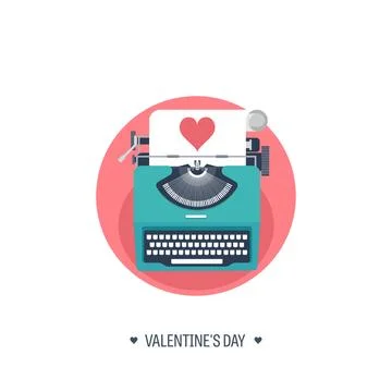 Vector illustration. Flat background with typewriter. Love and hearts 스톡 일러스트