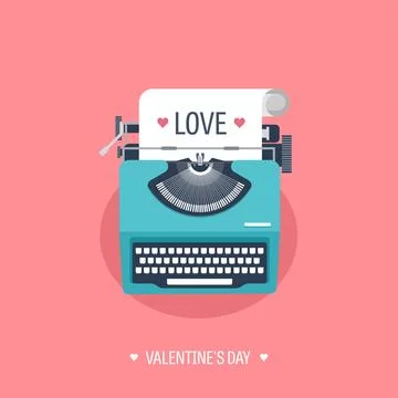 Vector illustration. Flat background with typewriter. Love and hearts Illustrazione stock