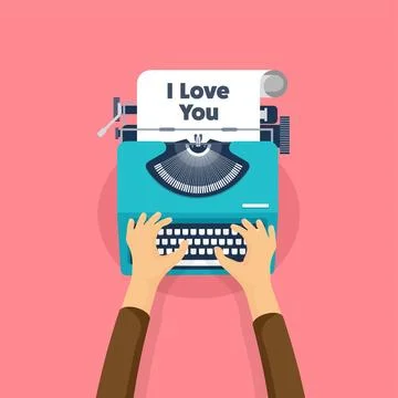 Vector illustration. Flat background with typewriter. Love and hearts Stock Illustration