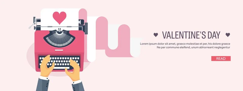Vector illustration. Flat background with typewriter. Love and hearts Stock Illustration