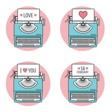 Vector illustration. Flat background with typewriter. Love and hearts Stock Illustration