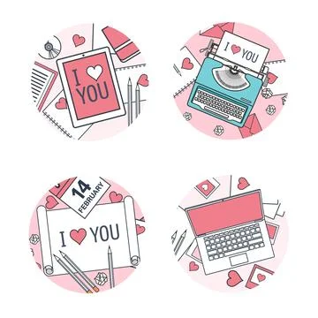 Vector illustration. Flat background with typewriter paper, tablet, laptop. Love Stock-Illustration