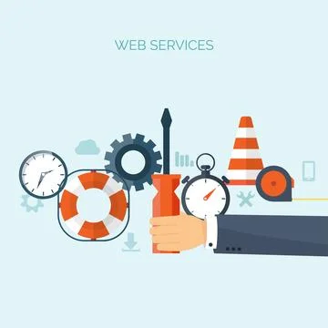 Vector illustration. Flat background. Web service. Mechanical tools. Development Stock Illustration