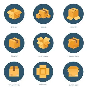 Vector illustration. Flat carton box. Transport, packaging. Post service, online 库存插图