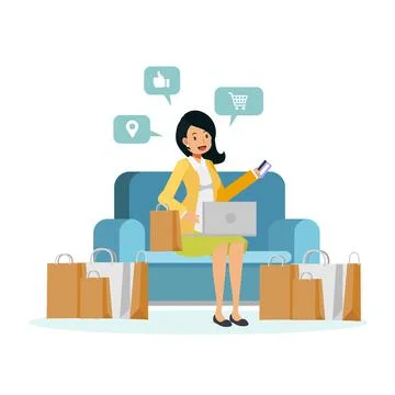 Vector illustration of flat cartoon character woman sitting on sofa is enjoy  Stock Illustration