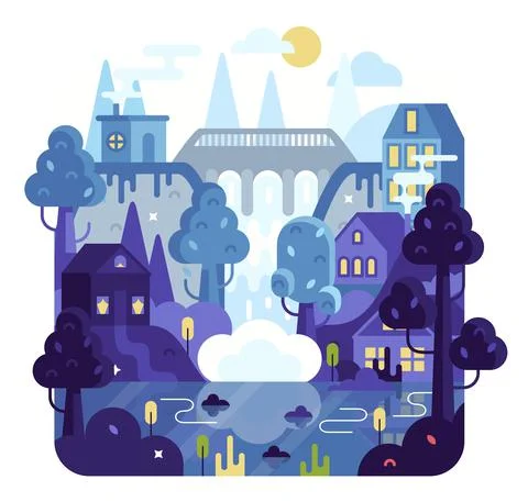 Vector illustration in flat cartoon stile, hydroelectricity power station Stock Illustration