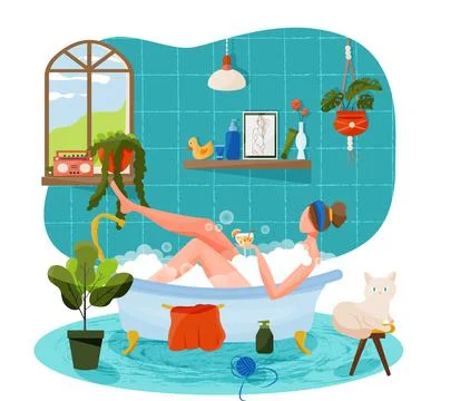 Vector illustration in flat cartoon style with girl taking bath Stock Illustration