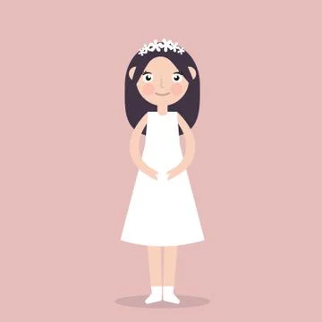 Vector Illustration, flat character design, a smiley woman in white bride dress Stock Illustration