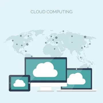 Vector illustration. Flat cloud computing background. Data storage network Stock Illustration