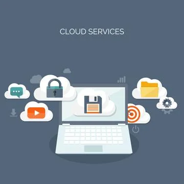 Vector illustration. Flat cloud computing background. Data storage network Illustrazione stock