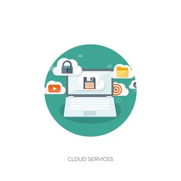 Vector illustration. Flat cloud computing background. Data storage network Stock Illustration