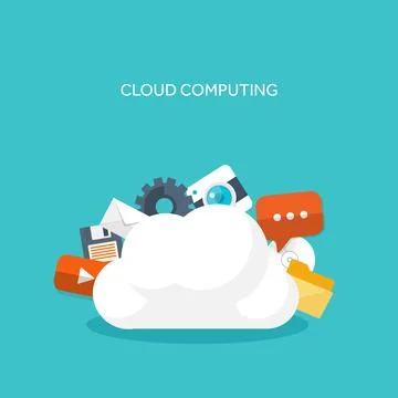 Vector illustration. Flat cloud computing background. Data storage network Stock Illustration