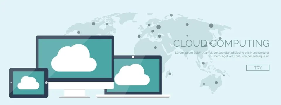 Vector illustration. Flat cloud computing background. Data storage network Illustrazione stock