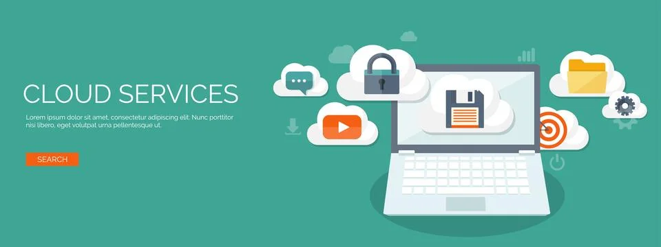 Vector illustration. Flat cloud computing background. Data storage network Stock Illustration