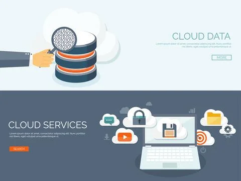 Vector illustration. Flat cloud computing background. Data storage network Stock Illustration