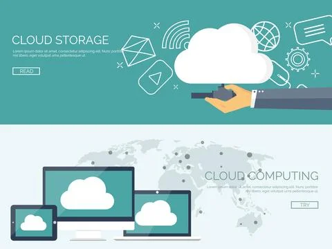 Vector illustration. Flat cloud computing background. Data storage network イラスト素材