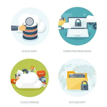 Vector illustration. Flat cloud computing background. Data storage network 스톡 일러스트