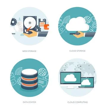 Vector illustration. Flat cloud computing background. Data storage network Illustrazione stock