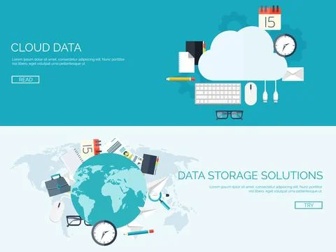 Vector illustration. Flat cloud computing background. Data storage network Stock Illustration