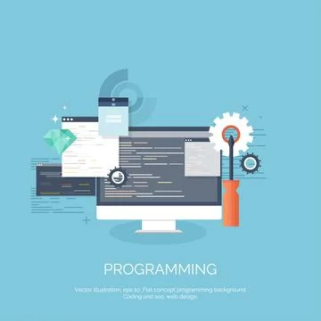 Vector illustration. Flat computing background. Programming,coding. Web Stock Illustration