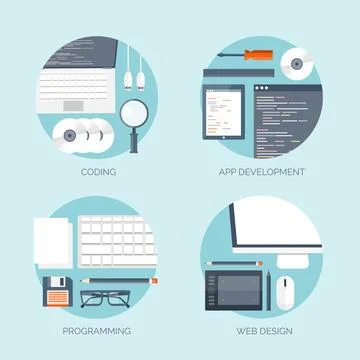 Vector illustration. Flat computing backgrounds set with icons, lines Stockillustratie