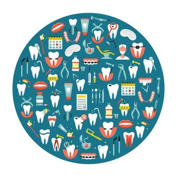 Vector illustration of flat dentistry icons in a round shape Stock Illustration