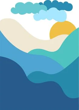 Vector illustration flat design with blue sea waves and blue clouds Illustrazione stock