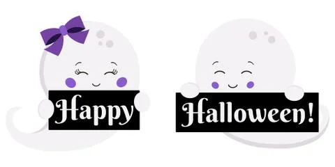 Vector illustration flat design kawaii cute boy and girl ghost with Happy Hal Stock Illustration
