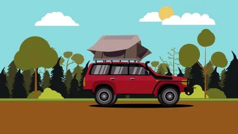 Vector illustration of flat design red off road vehicle car camping with roof Stock Illustration