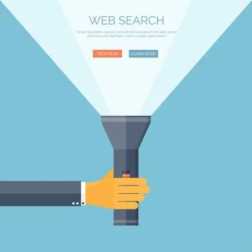 Vector illustration. Flat flashlight and hand. Web search concept bacground. Stock Illustration