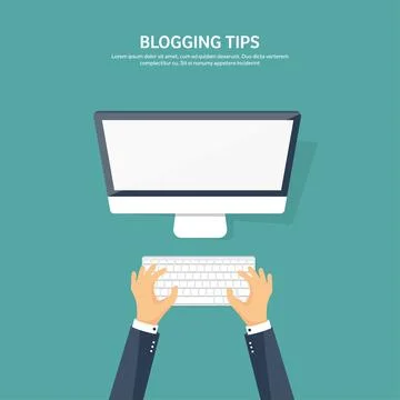 Vector illustration. Flat hands with compuiter. Computing, and blogging. Stock-Illustration