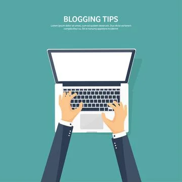 Vector illustration. Flat hands with compuiter. Computing, and blogging. Illustrazione stock