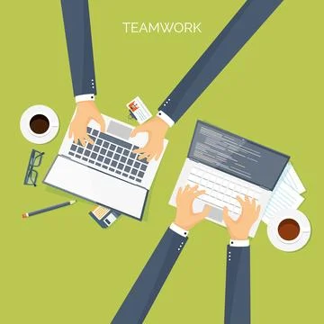 Vector illustration. Flat header. Teamwork. Smart solutions. Programming coding Stock Illustration
