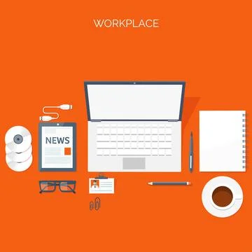 Vector illustration. Flat header. Workplace. Programming coding web design Stock Illustration